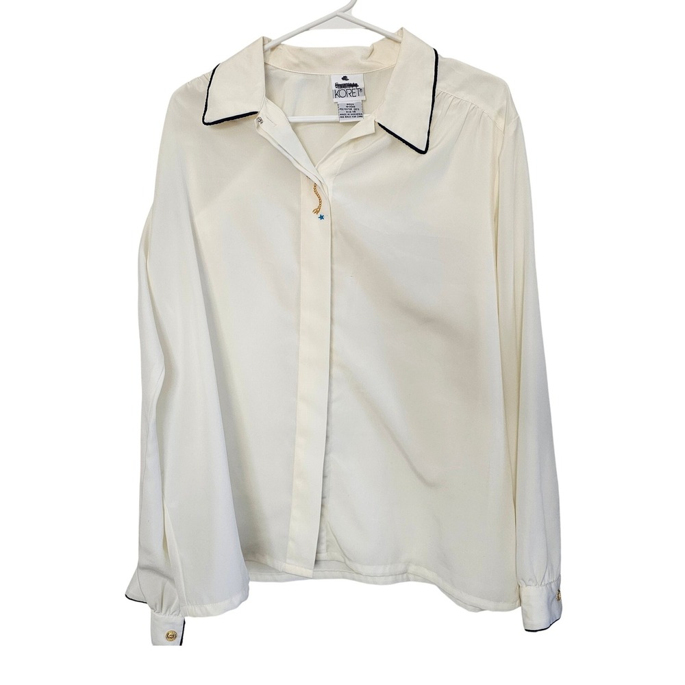 Koret Vintage Cream Long Sleeve‎ Embroidered Blouse Navy Trim Size 16 81024